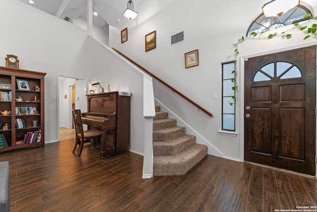 6431 Brookway, San Antonio, TX 78240 - entrance foyer with stairs, a high ceiling, wood finished floors, recessed lighting, and baseboards