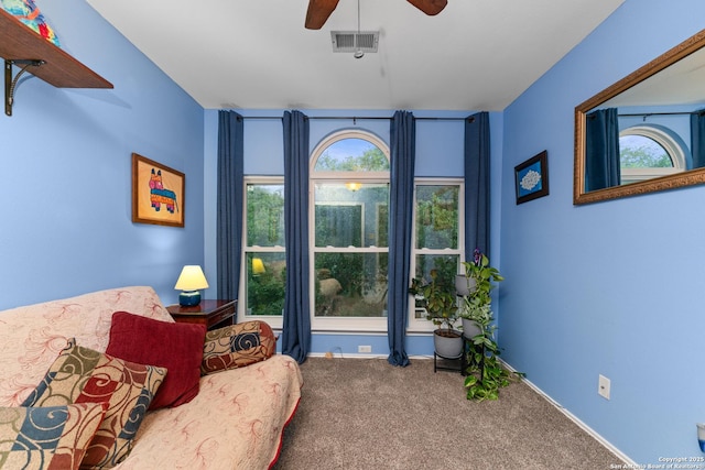 6431 Brookway, San Antonio, TX 78240 - sitting room featuring ceiling fan, carpet, healthy amount of natural light, and baseboards