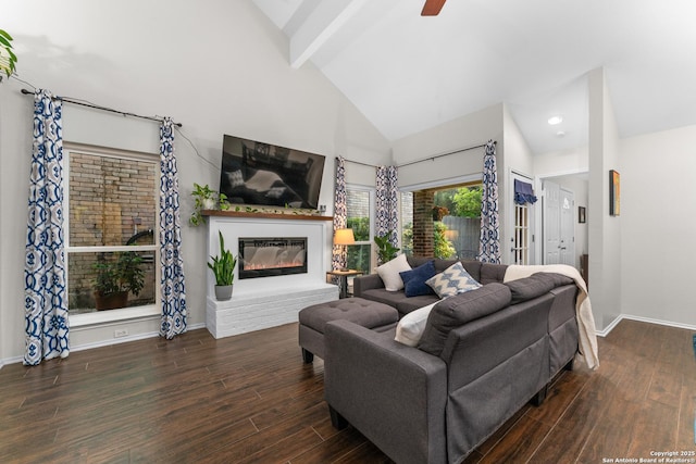 6431 Brookway, San Antonio, TX 78240 - living area featuring high vaulted ceiling, baseboards, a glass covered fireplace, wood finished floors, and a ceiling fan