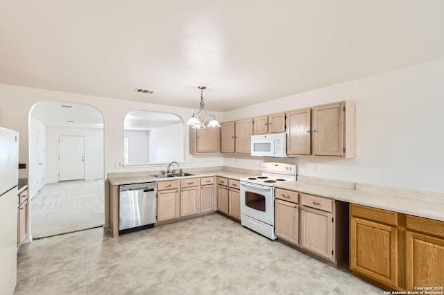9215 Granberry, Universal City, TX 78148 - kitchen featuring white appliances, a sink, a chandelier, light brown cabinetry, and light countertops