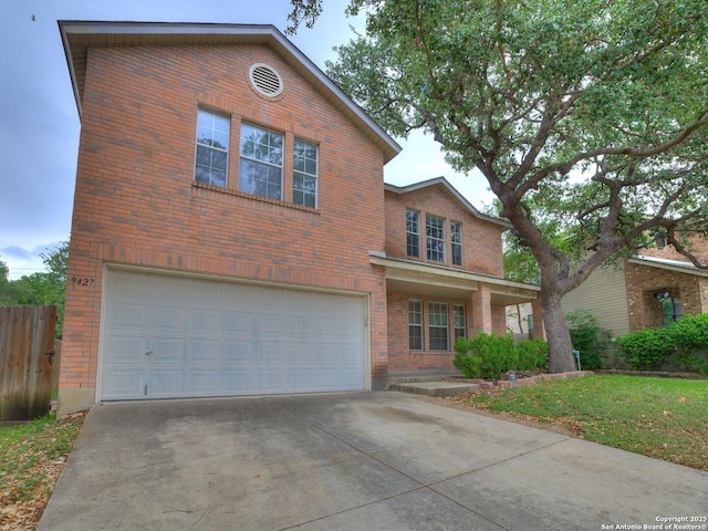 9427 Wildstone, San Antonio, TX 78254 - traditional home with brick siding, an attached garage, and concrete driveway
