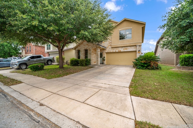 10228 Ancient Anchor, San Antonio, TX 78245 - view of front facade featuring a garage, driveway, a front lawn, stone siding, and stucco siding