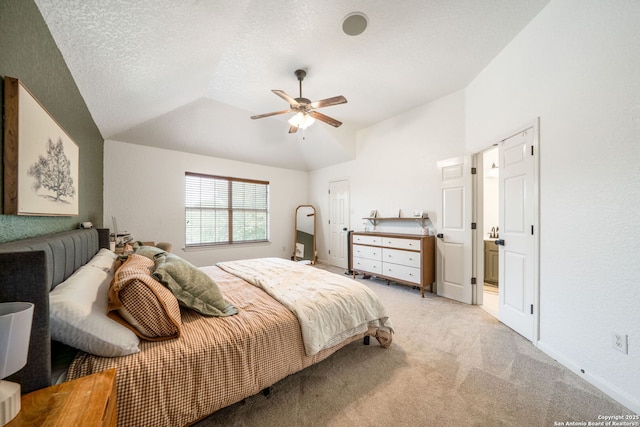 10228 Ancient Anchor, San Antonio, TX 78245 - bedroom featuring light carpet, vaulted ceiling, ceiling fan, and baseboards