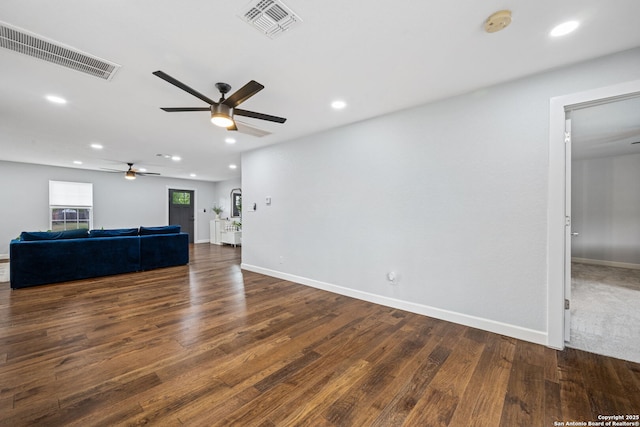 108 Bryn Mawr Dr, San Antonio, TX 78209 - unfurnished living room featuring ceiling fan, dark wood-type flooring, recessed lighting, and baseboards