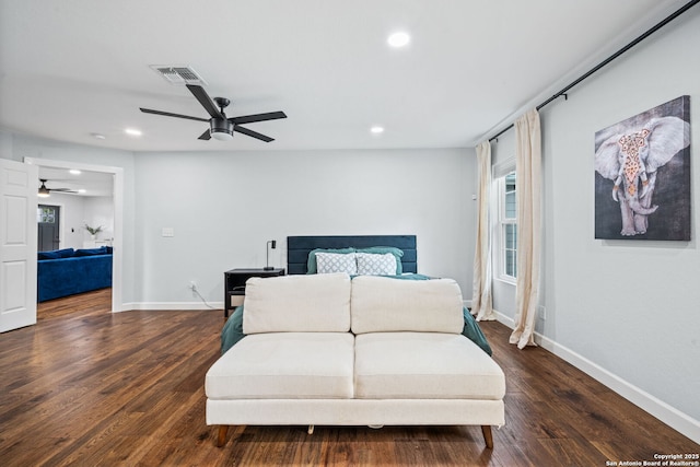108 Bryn Mawr Dr, San Antonio, TX 78209 - bedroom featuring baseboards, wood finished floors, recessed lighting, and a ceiling fan