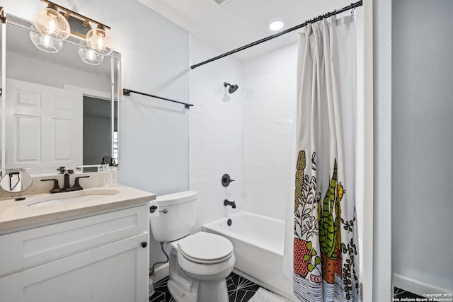 108 Bryn Mawr Dr, San Antonio, TX 78209 - bathroom featuring toilet, vanity, shower / tub combo with curtain, and tile patterned floors
