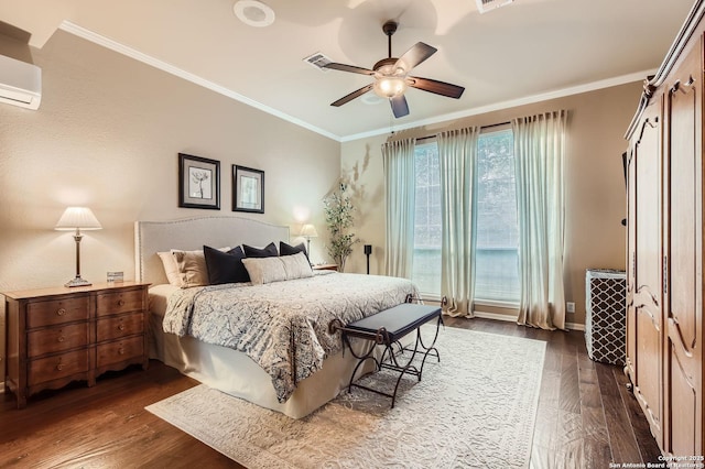 28 Cutter Grn, San Antonio, TX 78248 - bedroom with dark wood finished floors, ornamental molding, a wall unit AC, baseboards, and a ceiling fan