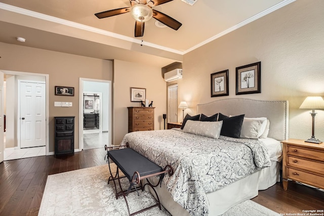 28 Cutter Grn, San Antonio, TX 78248 - bedroom with an AC wall unit, hardwood / wood-style floors, ornamental molding, baseboards, and ceiling fan