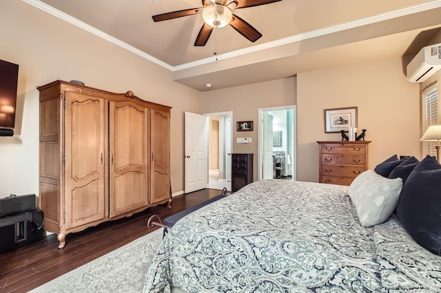 28 Cutter Grn, San Antonio, TX 78248 - bedroom featuring dark wood-style floors, a wall mounted air conditioner, crown molding, ceiling fan, and ensuite bath