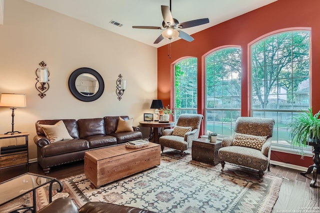 28 Cutter Grn, San Antonio, TX 78248 - living room with ceiling fan, wood finished floors, and baseboards