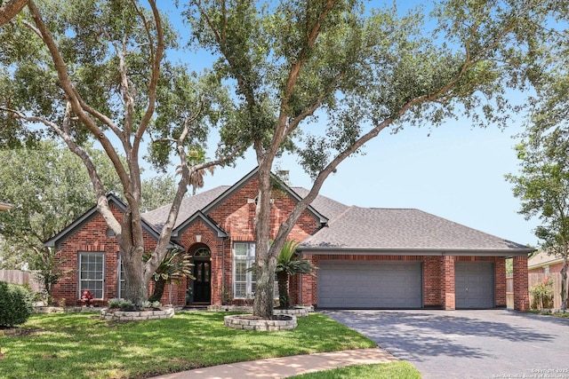 8611 Torry Vw, Houston, TX 77095 - view of front of property featuring an attached garage, brick siding, asphalt driveway, a front yard, and roof with shingles