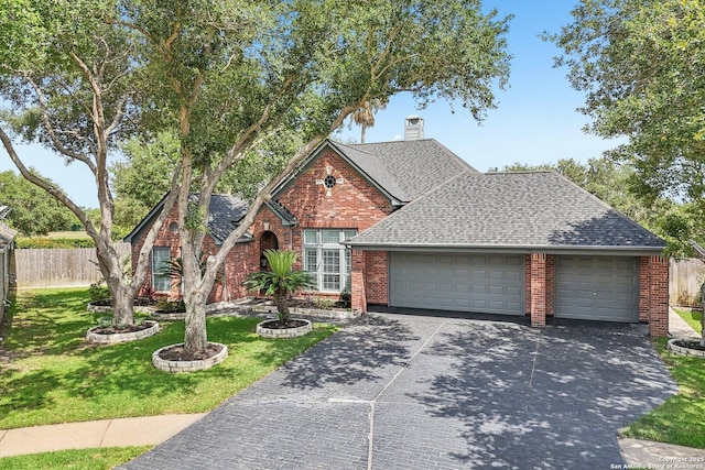 8611 Torry Vw, Houston, TX 77095 - view of front of property featuring an attached garage, brick siding, a shingled roof, driveway, and a chimney