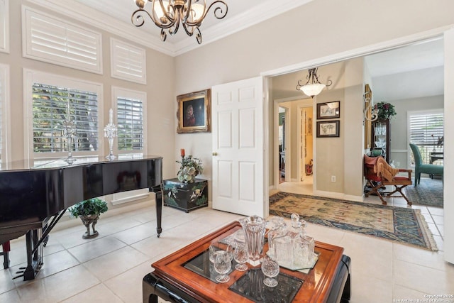 8611 Torry Vw, Houston, TX 77095 - tiled living room with a chandelier and crown molding