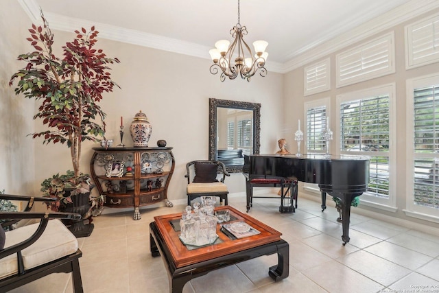 8611 Torry Vw, Houston, TX 77095 - living area featuring light tile patterned floors, a chandelier, and ornamental molding