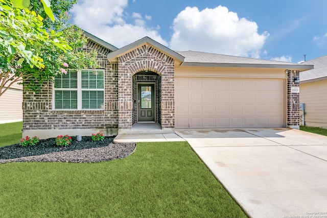 13323 Spike Rush, San Antonio, TX 78254 - view of front of house featuring brick siding, a garage, concrete driveway, and a front yard