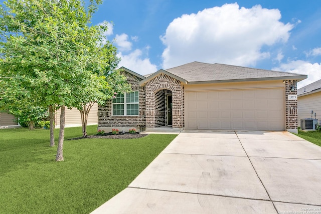 13323 Spike Rush, San Antonio, TX 78254 - view of front facade with brick siding, central air condition unit, concrete driveway, an attached garage, and a front lawn