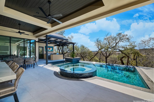 24607 Cliff Line, San Antonio, TX 78257 - view of pool featuring ceiling fan, a patio area, outdoor dining space, and a pool with connected hot tub