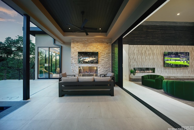 24607 Cliff Line, San Antonio, TX 78257 - view of patio featuring an outdoor living space with a fireplace and a ceiling fan