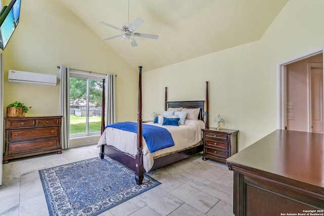 121 Maderas, Seguin, TX 78155 - bedroom featuring an AC wall unit, high vaulted ceiling, and ceiling fan