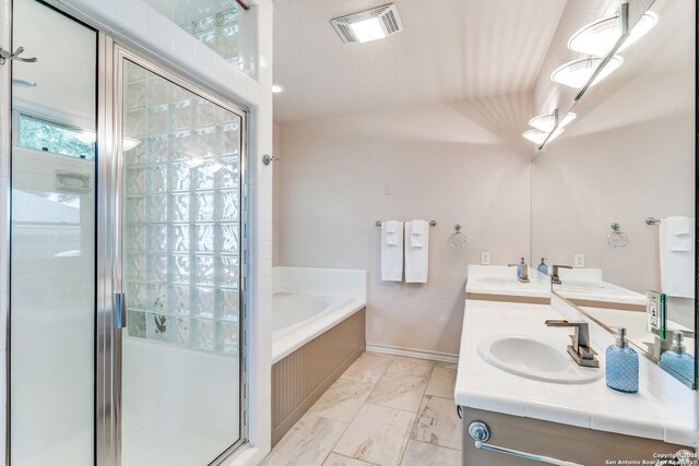 121 Maderas, Seguin, TX 78155 - full bath featuring a shower stall, double vanity, a bath, marble finish flooring, and baseboards