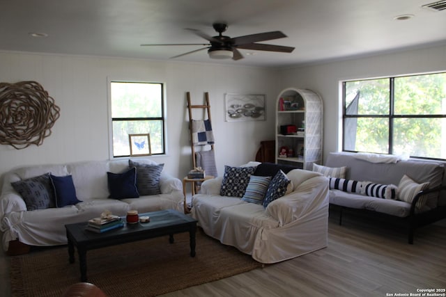 38 Peggy, Palacios, TX 77465 - living area with healthy amount of natural light, wood finished floors, a ceiling fan, and crown molding