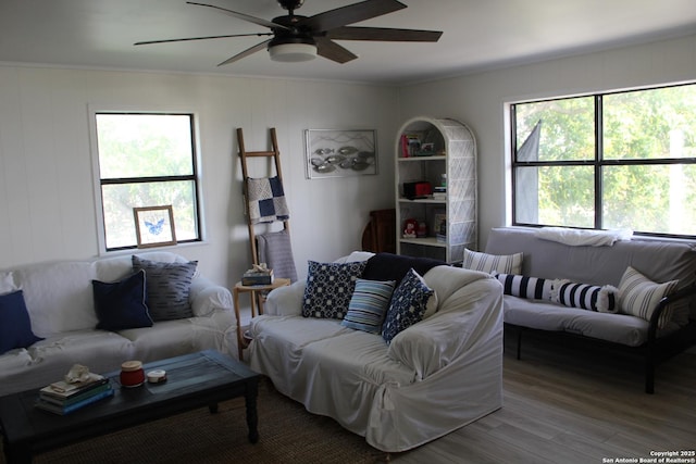 38 Peggy, Palacios, TX 77465 - living area featuring a ceiling fan, wood finished floors, and ornamental molding
