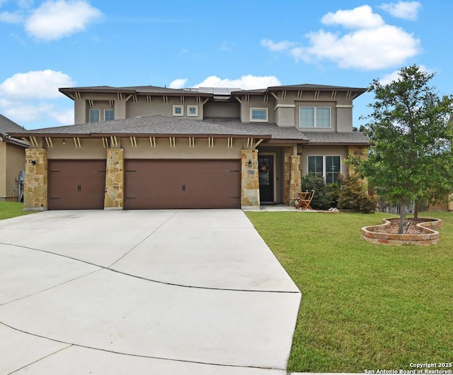14139 Sam Houston, San Antonio, TX 78253 - view of front facade with stucco siding, a garage, driveway, a front yard, and stone siding