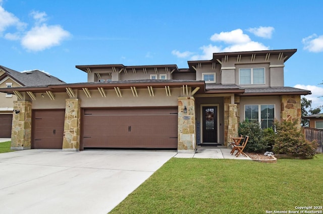 14139 Sam Houston, San Antonio, TX 78253 - view of front of property featuring stone siding, an attached garage, stucco siding, a front yard, and concrete driveway