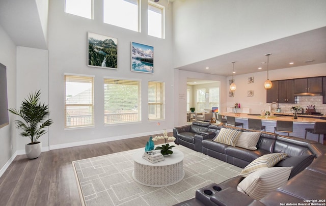 14139 Sam Houston, San Antonio, TX 78253 - living area with dark wood finished floors, healthy amount of natural light, baseboards, and a towering ceiling