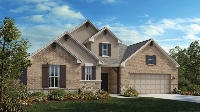 370 Bridle Trl, New Braunfels, TX 78132 - view of front of property featuring concrete driveway, brick siding, a front yard, stone siding, and stucco siding