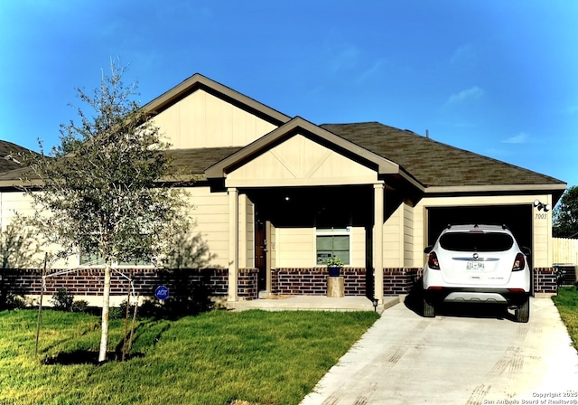 7003 Emerald Vly, San Antonio, TX 78242 - ranch-style house with a garage, brick siding, driveway, a front lawn, and roof with shingles