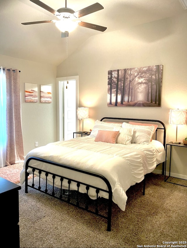 7003 Emerald Vly, San Antonio, TX 78242 - carpeted bedroom with vaulted ceiling, baseboards, and ceiling fan