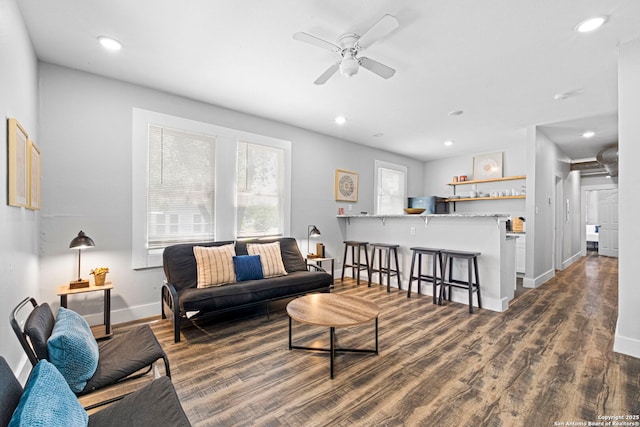 402 E Dewey, San Antonio, TX 78212 - living room with a ceiling fan, wood finished floors, baseboards, and recessed lighting