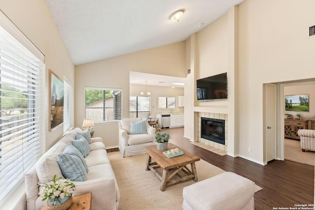 5626 Spring Sunshine, San Antonio, TX 78247 - living room with wood finished floors, high vaulted ceiling, a fireplace, baseboards, and a chandelier
