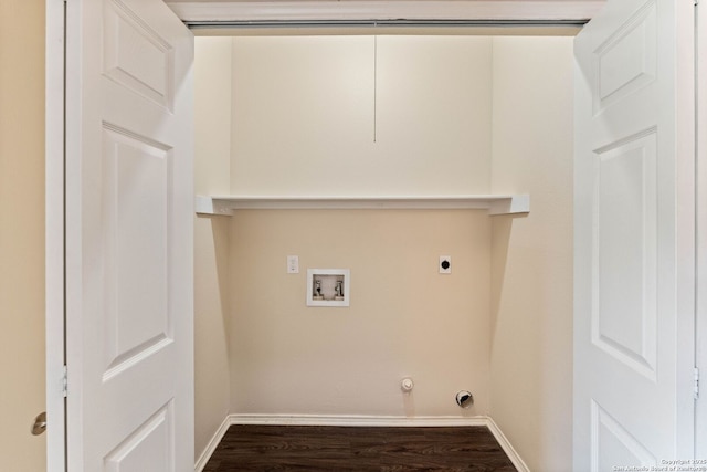 5626 Spring Sunshine, San Antonio, TX 78247 - laundry area with hookup for a washing machine, dark wood-type flooring, baseboards, and hookup for an electric dryer