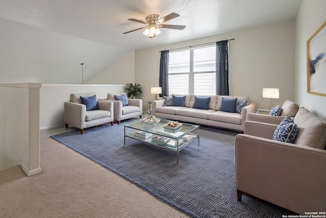 3407 Maguey Trl, San Antonio, TX 78245 - living room with ceiling fan, carpet floors, and lofted ceiling
