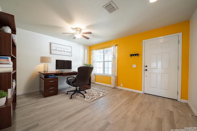3407 Maguey Trl, San Antonio, TX 78245 - office with baseboards, light wood-type flooring, and a ceiling fan