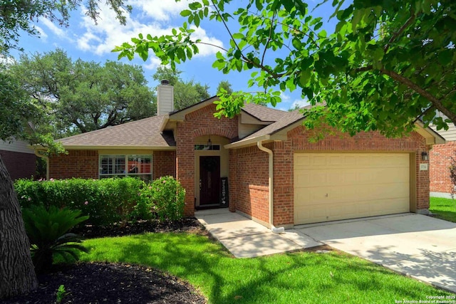 3714 Cotoneaster, San Antonio, TX 78261 - ranch-style house featuring an attached garage, brick siding, a shingled roof, and a chimney