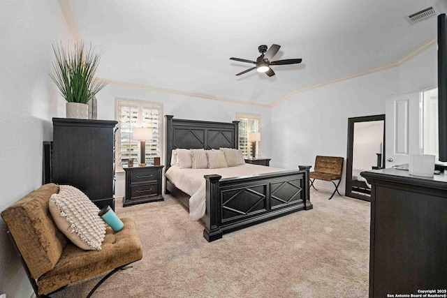 3714 Cotoneaster, San Antonio, TX 78261 - bedroom featuring vaulted ceiling, crown molding, multiple windows, carpet, and a ceiling fan