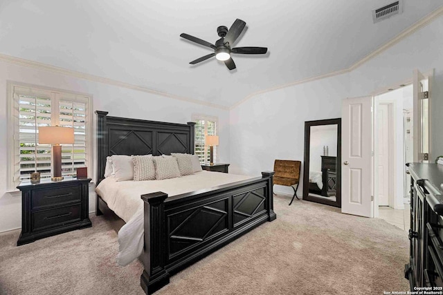3714 Cotoneaster, San Antonio, TX 78261 - bedroom with light colored carpet, ornamental molding, lofted ceiling, and a ceiling fan