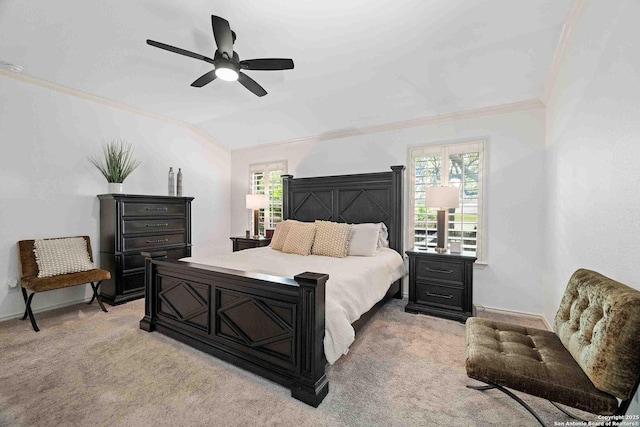 3714 Cotoneaster, San Antonio, TX 78261 - bedroom featuring ornamental molding, light colored carpet, lofted ceiling, ceiling fan, and baseboards
