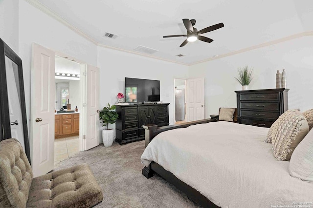 3714 Cotoneaster, San Antonio, TX 78261 - bedroom featuring crown molding, light colored carpet, ensuite bath, and ceiling fan