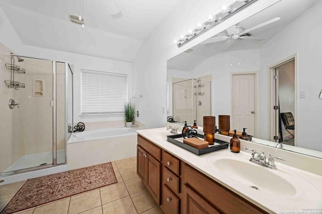 3714 Cotoneaster, San Antonio, TX 78261 - full bathroom featuring a stall shower, a bath, ceiling fan, tile patterned flooring, and double vanity