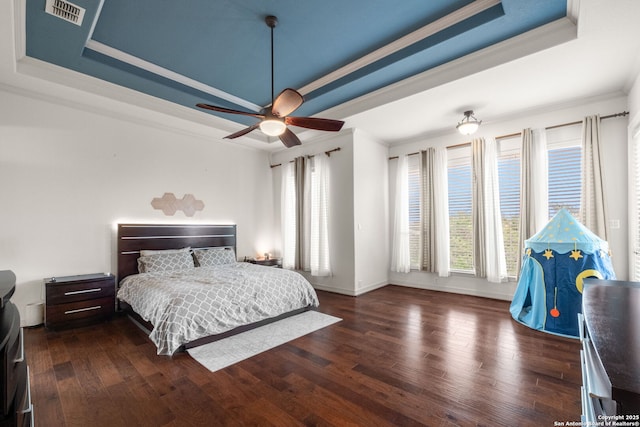 846 Fawnway, San Antonio, TX 78260 - bedroom with a raised ceiling, ornamental molding, wood finished floors, and ceiling fan