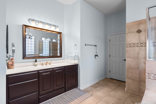 846 Fawnway, San Antonio, TX 78260 - bathroom with a walk in shower, vanity, tile patterned floors, and baseboards