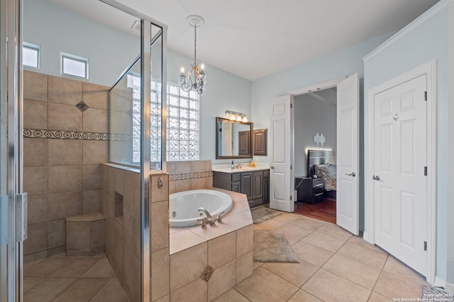 846 Fawnway, San Antonio, TX 78260 - full bathroom featuring tiled shower, vanity, a tub with jets, a chandelier, and tile patterned floors