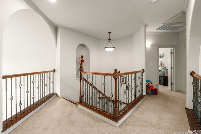 846 Fawnway, San Antonio, TX 78260 - hall with an upstairs landing, carpet, and ornamental molding