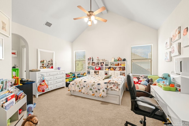 846 Fawnway, San Antonio, TX 78260 - carpeted bedroom featuring multiple windows, arched walkways, high vaulted ceiling, beamed ceiling, and ceiling fan