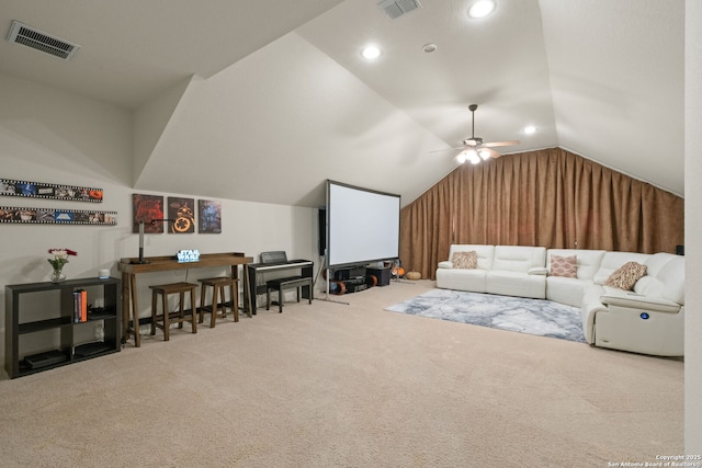 846 Fawnway, San Antonio, TX 78260 - carpeted living room featuring vaulted ceiling, recessed lighting, and a ceiling fan