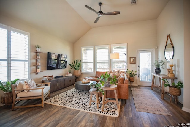 12805 Big Tank Rnch, San Antonio, TX 78245 - living room with a ceiling fan, wood finished floors, and vaulted ceiling